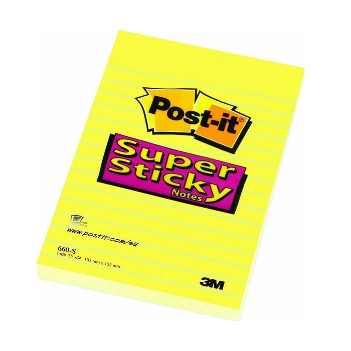 Αυτοκόλλητα Χαρτάκια 3M Post-it Lined 102 x 152 mm (Κίτρινα Ριγέ) (90 Φύλλα) (660-S)