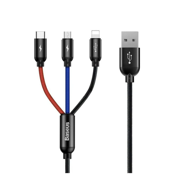 Καλώδιο USB Baseus Three Primary Colors 3-in-1 Braided to Lightning / Type-C / micro 3A Μαύρο 1.2m