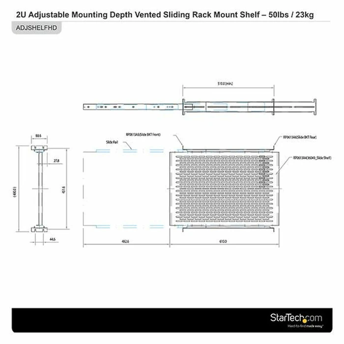 StarTech UNISLDSHF19 Universal Sliding Rack Shelf, 2U, 20 kg Load Capacity, Steel, Black