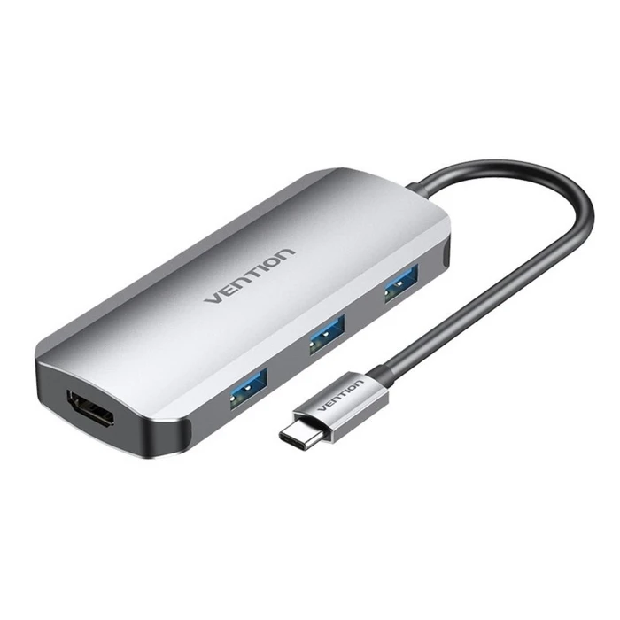 Docking Station Vention Type-C to HDMI/USB 3.0x3/PD 100W 0.15M Gray Aluminum Alloy Type