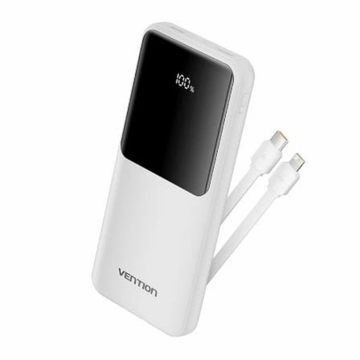 Power Bank Vention 10.000mAh (Micro-USB + USB-C + USB-A) with Built-In Type-C and Lightning 22.5W White Display (FHOW0)