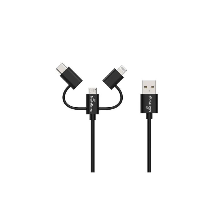 Καλώδιο USB MediaRange 3-in-1 Charge and Sync, micro USB, USB Type-C and Lightning 12W 1.0m, Black (MRCS246)