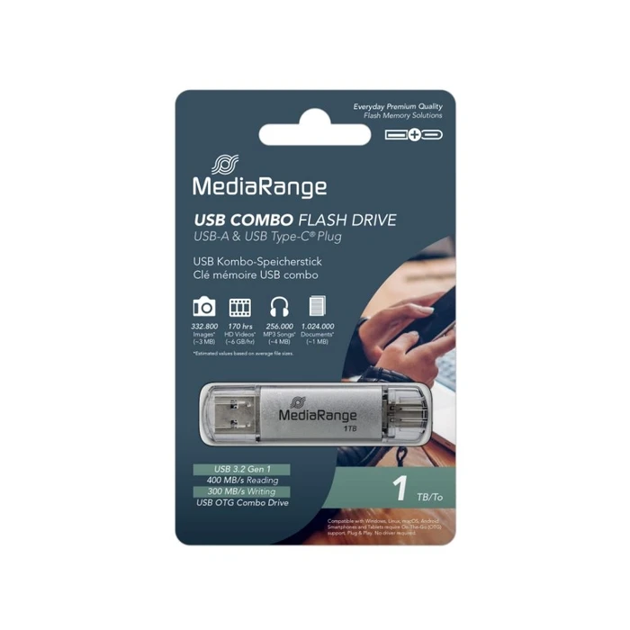 USB Flash 1TB MediaRange USB 3.2 Gen 1 Combo with USB-A and USB-C, Silver, (MR941-1)