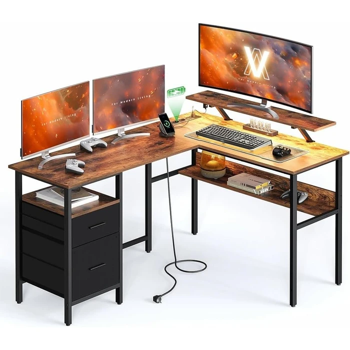 VASAGLE Γωνιακό Μεταλλικό Γραφείο 150 x 120 x 89 cm Καφέ με Υφή Ξύλου LWD095K01