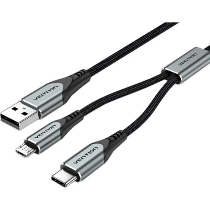 Vention Nylon Braided USB 2.0 A Male to Dual Type-C Male 3A Y-Splitter Cable 0.5M Gray Aluminum Alloy Type (CQOHD) (VENCQOHD)