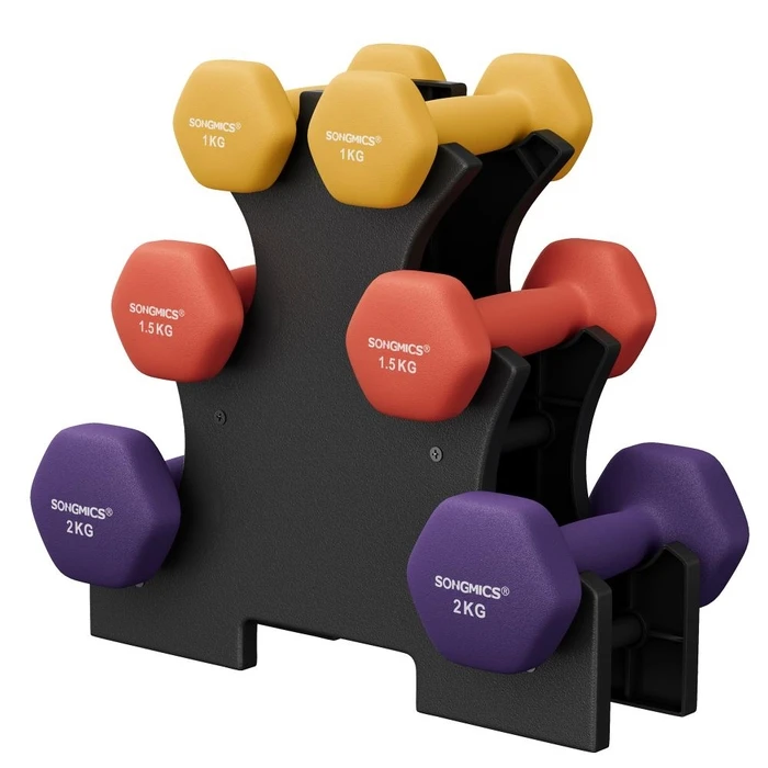 SONGMICS Dumbbells Set of 3 Pairs 1 1.5 and 2 kg with Stand