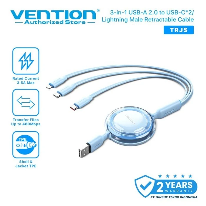 VENTION Καλώδιο Φόρτισης 3 σε 1 USB 2.0 Type A σε USB C USB C και Lightning 3.5A Retractable 1.1m Μπλε