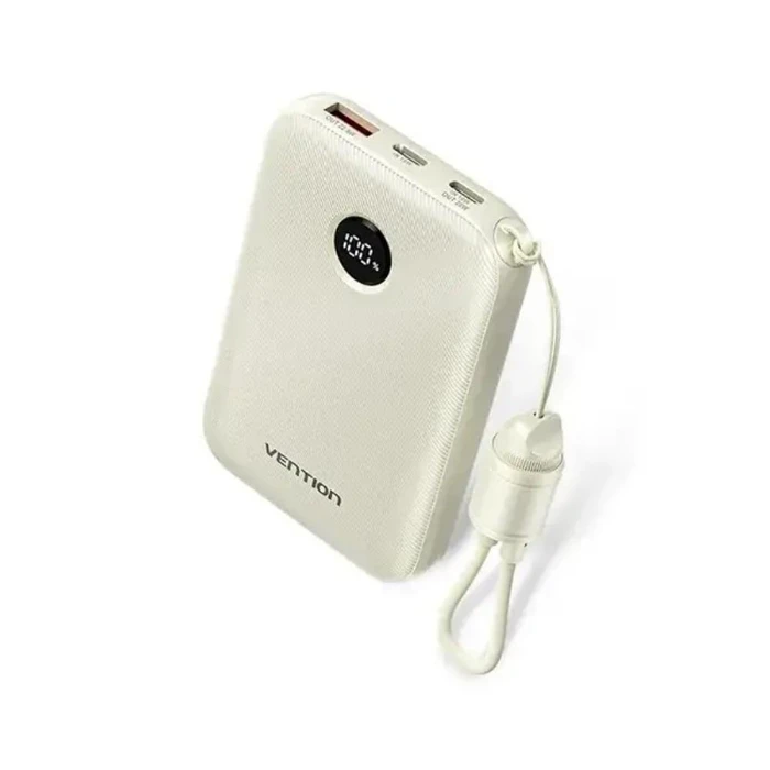 Vention 10000mAh Power Bank (USB-C + USB-C/USB-C/USB-A) with Built-in USB-C to USB-C Cable 22.5W Beige LED Display Universal Type (FKAN0-C-TY) (VENFKAN0-C-TY)