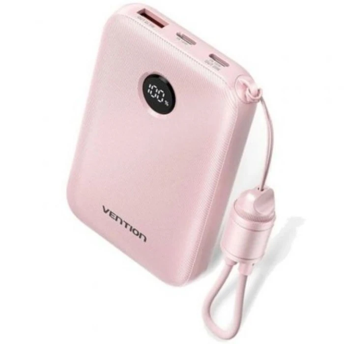 VENTION Power Bank 10000mAh 22.5W με ενσωματωμένο καλώδιο USB‑C, USB‑A & USB‑C θύρες — Ροζ
