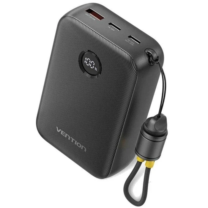 VENTION Power Bank 20.000mAh (FKBB0-C-TY) με ενσωματωμένο καλώδιο USB-C, LED οθόνη, Μαύρο