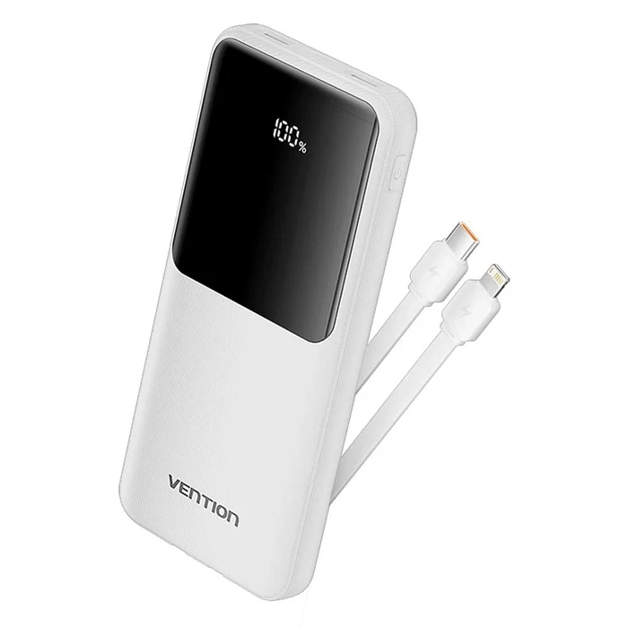 Vention XGYW0-39-TY Power Bank 10000mAh 22.5W USB-C + USB-A με Ενσωματωμένο Καλώδιο, Λευκή LED Οθόνη