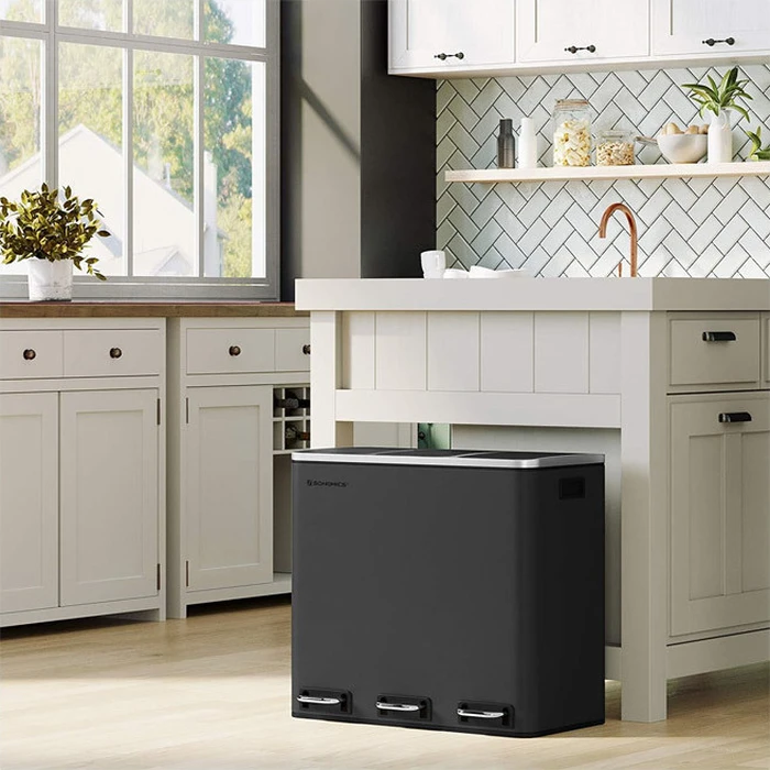 Songmics Triple Pedal Bin Stainless Steel with Soft Close 54 L Black
