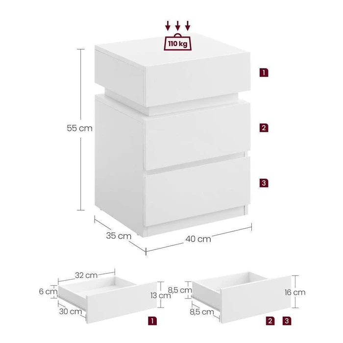 VASAGLE κομοδίνο με ενσωματωμένο LED φωτισμό λευκό 2 τεμάχια LET0830W01 VASLET0830W01
