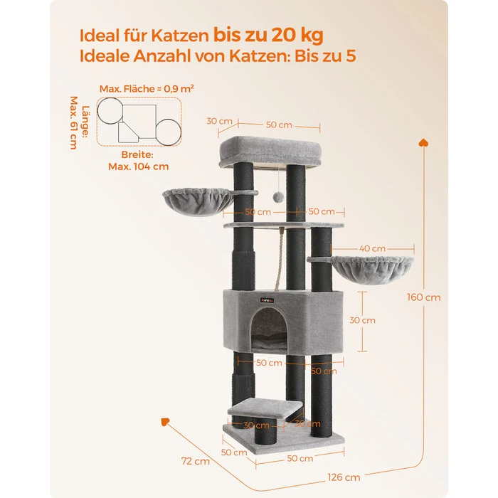 Feandrea Cat Tower, Height 160 cm, for large Cats, Gray-Black (PCT003W01) (FEAPCT003W01)