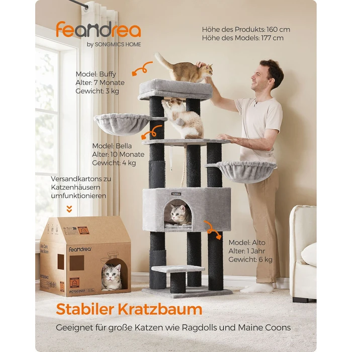 Feandrea Cat Tower, Height 160 cm, for large Cats, Gray-Black (PCT003W01) (FEAPCT003W01)