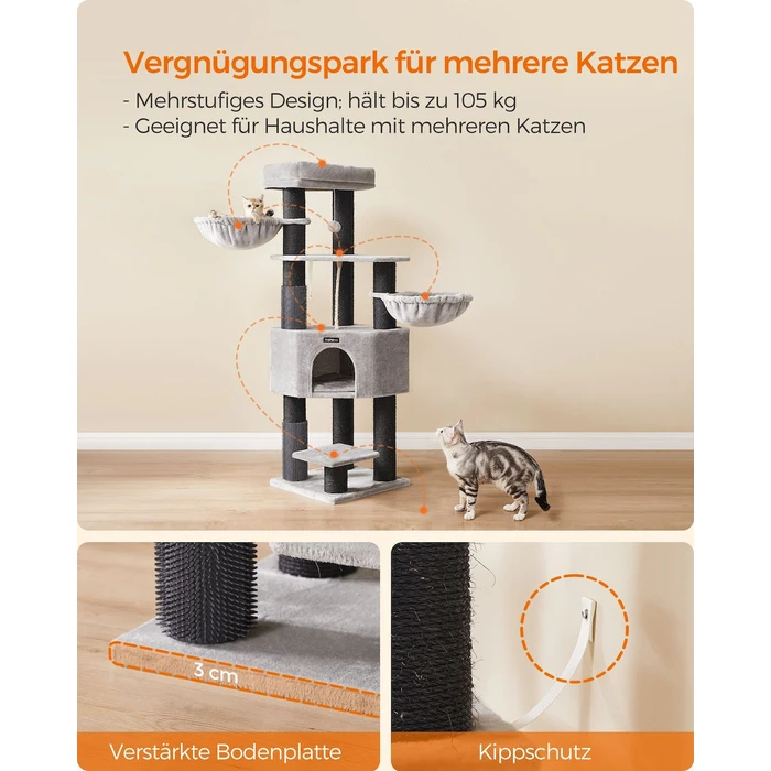 Feandrea Cat Tower, Height 160 cm, for large Cats, Gray-Black (PCT003W01) (FEAPCT003W01)