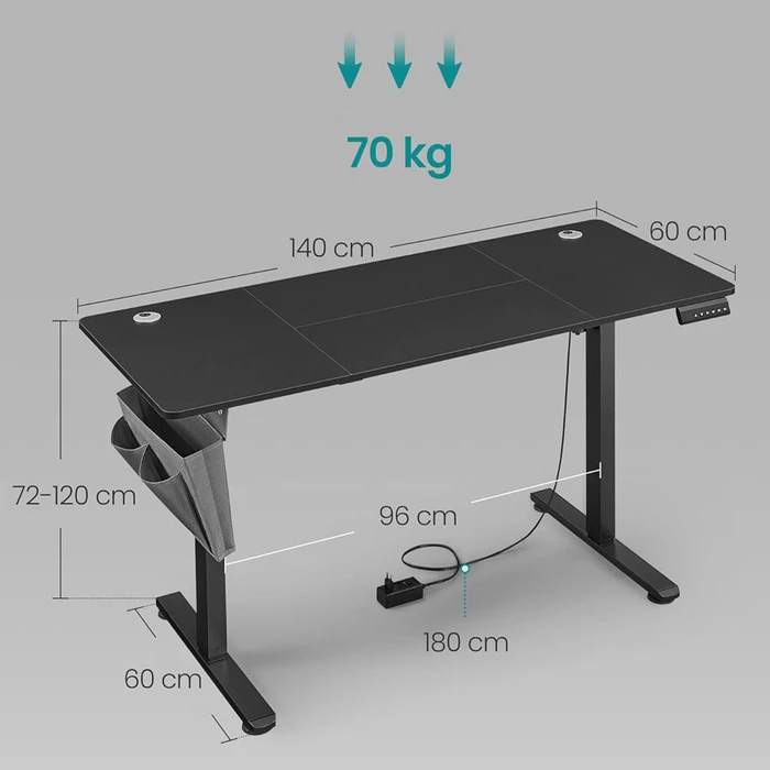 Ηλεκτρικά Ρυθμιζόμενο Γραφείο Songmics 140x60x72-120 εκ, Μαύρο (LSD134BZ01)