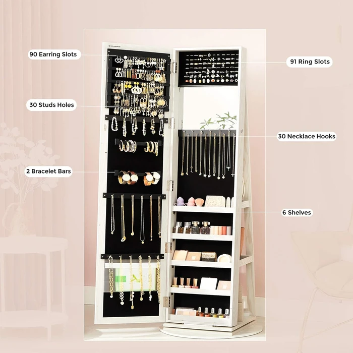 Songmics Jewellery Cabinet with Frameless Full Body Mirror (JJC62WT) (SNGJJC62WT)