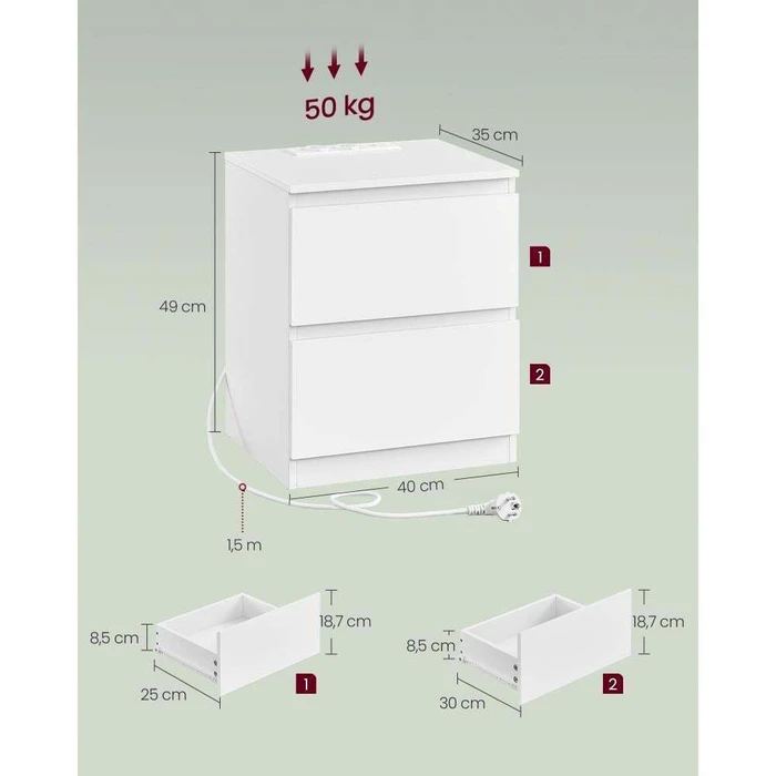 VASAGLE κομοδίνο με ενσωματωμένη πρίζα και 2 θύρες USB λευκό 2 τεμάχια
