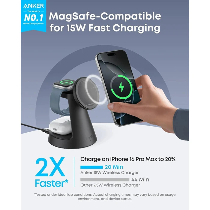 Anker MagGo 3‑in‑1 Ασύρματος Φορτιστής Qi2 με Καλώδιο USB‑C και Φορτιστή 15W