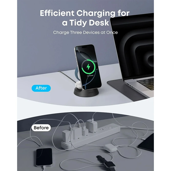 Anker MagGo 3‑in‑1 Ασύρματος Φορτιστής Qi2 με Καλώδιο USB‑C και Φορτιστή 15W