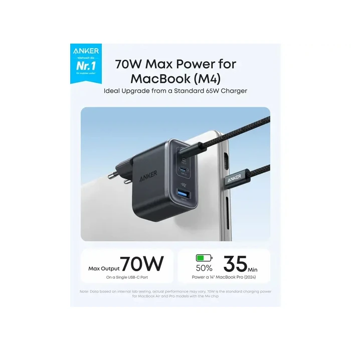 Anker Wall Charger Nano 70W (2x USB-C, 1x USB-A) Foldable Plug Black/Grey