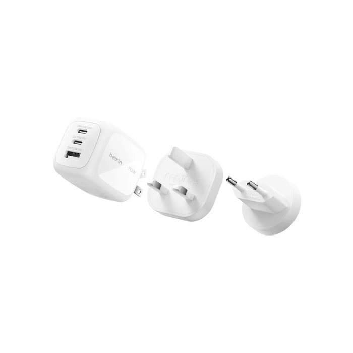Καθολικοί φορτιστές μπαταριών Belkin BOOST Charge Pro φορτιστής τοίχου GaN 70W με 2x USB-C PD και 1x USB-A, λευκό, Travel Adapter Kit