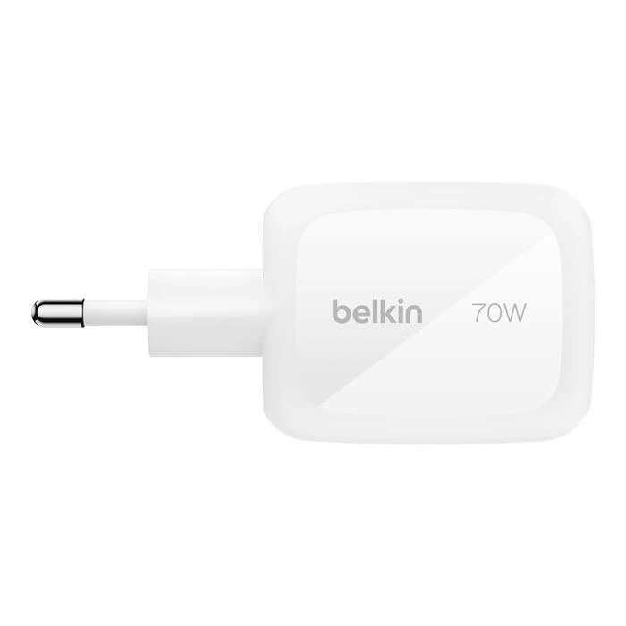Καθολικοί φορτιστές μπαταριών Belkin BOOST Charge Pro φορτιστής τοίχου GaN 70W με 2x USB-C PD και 1x USB-A, λευκό, Travel Adapter Kit
