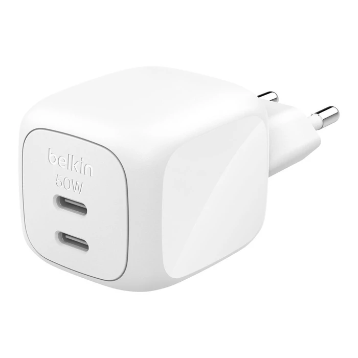 Καθολικός φορτιστής μπαταριών Belkin Dual USB-C GaN Wall Charger 50W PD + PPS λευκό