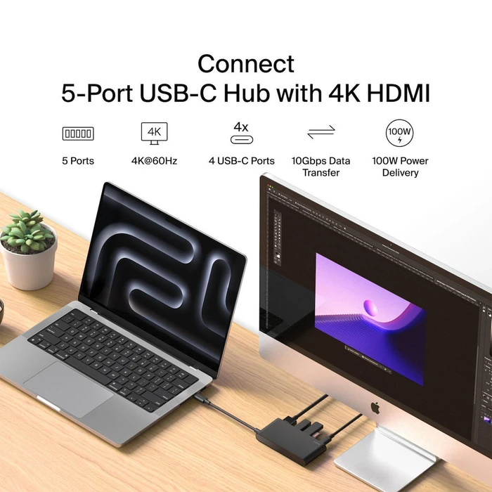 Belkin Connect USB-C 5-in-1 Docking Station with HDMI 4K 60Hz PD 100W Gray