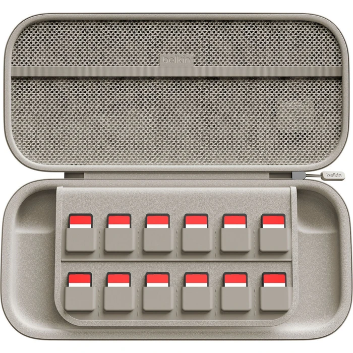 Αξεσουάρ για κονσόλες παιχνιδιών Belkin Θήκη μεταφοράς για Nintendo Switch 2 Sand με αποθήκευση για 12 game cards, κρυφή θήκη AirTag και ανθεκτικό φερμουάρ