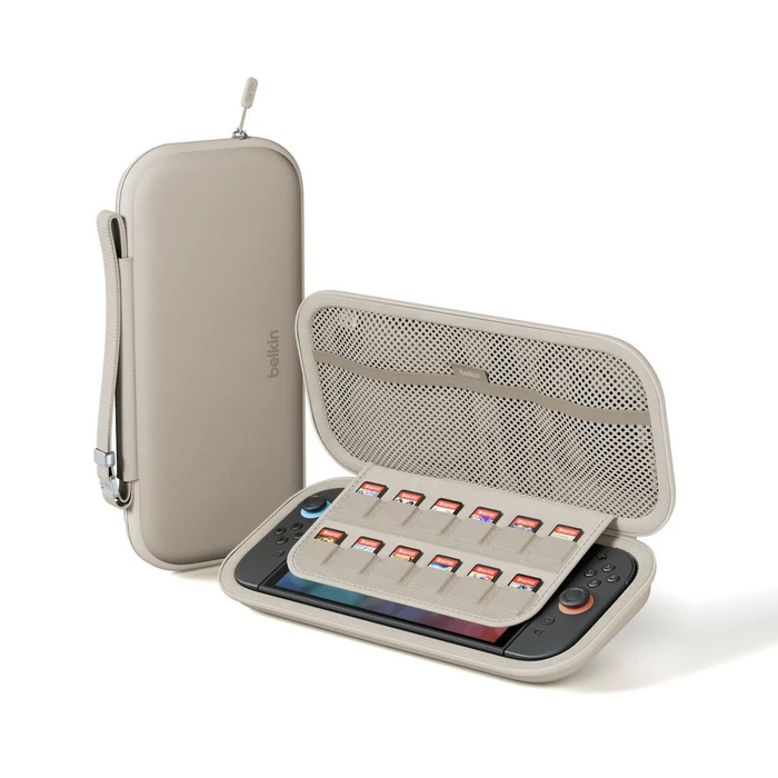 Αξεσουάρ για κονσόλες παιχνιδιών Belkin Θήκη μεταφοράς για Nintendo Switch 2 Sand με αποθήκευση για 12 game cards, κρυφή θήκη AirTag και ανθεκτικό φερμουάρ