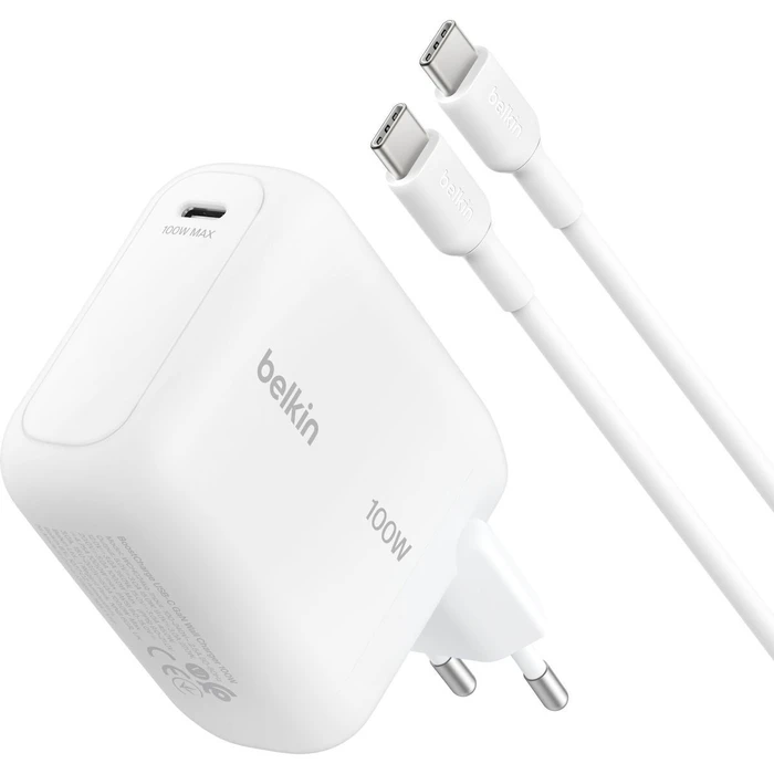 Belkin Φορτιστής GaN με Θύρα USB-C και Καλώδιο USB-C - USB-C 100W Power Delivery Λευκός (BOOST Charge)