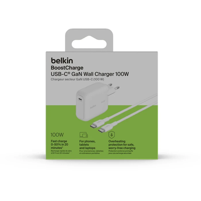 Belkin Φορτιστής GaN με Θύρα USB-C και Καλώδιο USB-C - USB-C 100W Power Delivery Λευκός (BOOST Charge)