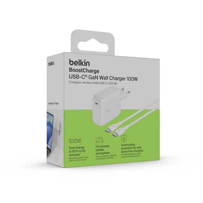 Belkin Φορτιστής GaN με Θύρα USB-C και Καλώδιο USB-C - USB-C 100W Power Delivery Λευκός (BOOST Charge)