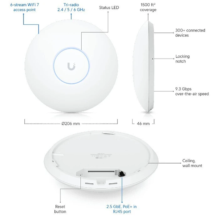 Ubiquiti UniFi U7 Pro Σημείο Πρόσβασης Wi‑Fi 7 (2.4 / 5 / 6 GHz) Λευκό - Μονό Kit