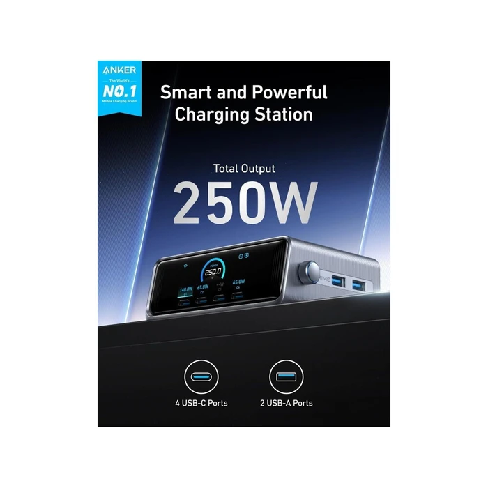 Anker Prime Charger 250W, Φορτιστής επιτραπέζιος 6 θυρών GaNPrime με LCD και Smart Control
