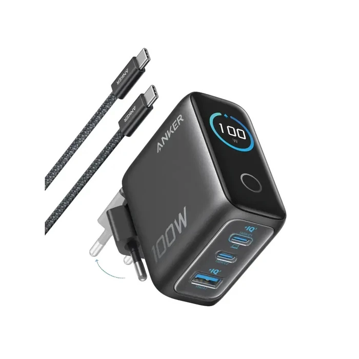 Anker Charger 100W με Smart Display, 2x USB-C + 1x USB-A, γκρι