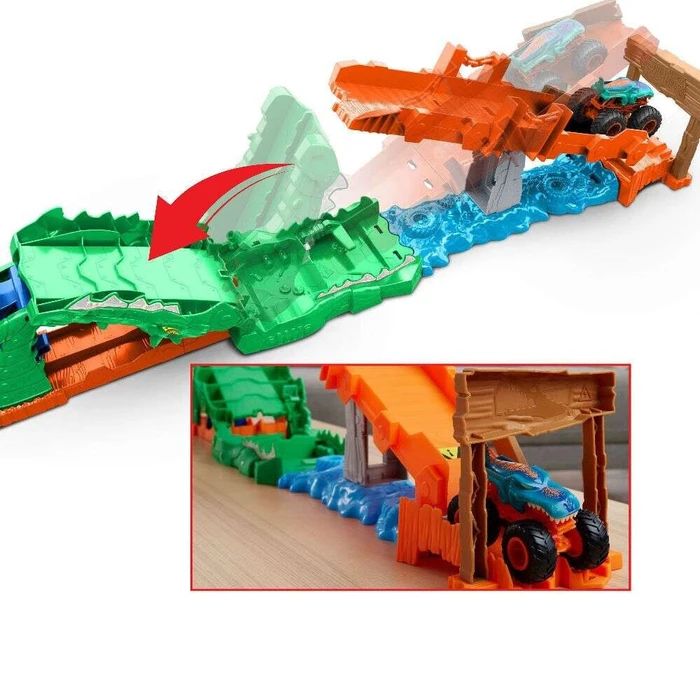 Mattel Hot Wheels Speed Snap Monster Trucks Crocodile Crash Challenge Playset