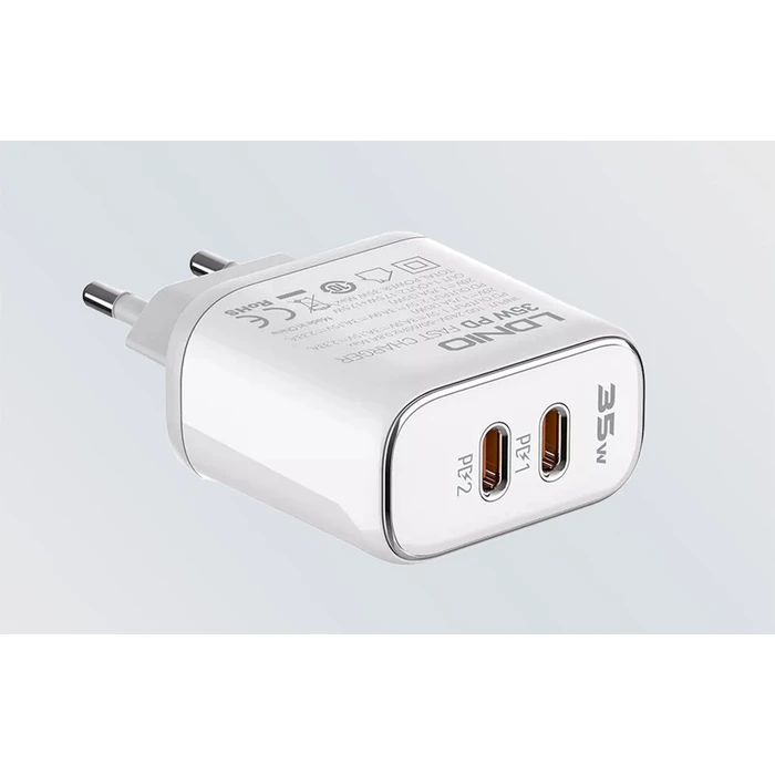 LDNIO Wall Charger A2528M with Cable 2x USB C 35W MFi White