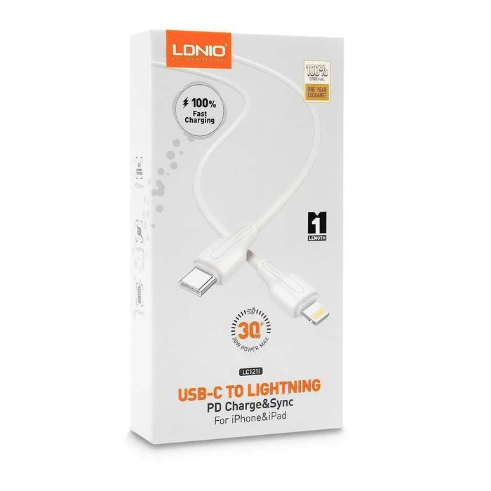 LDNIO Καλώδιο Lightning σε USB-C LC121I 30W PD 1m Λευκό