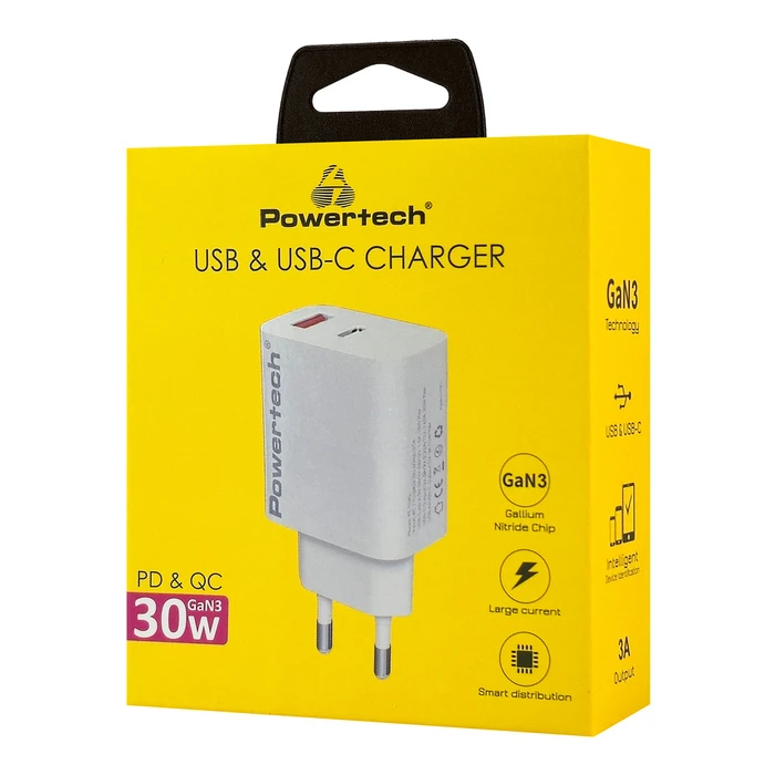 POWERTECH Wall Charger PT-1433 USB USB C 30W GaN White