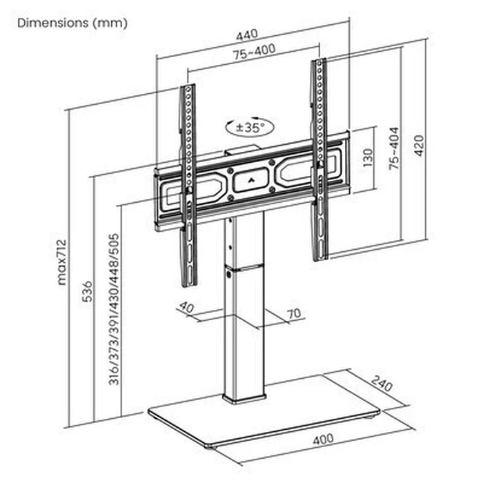 POWERTECH Tabletop TV Stand PT-1445 for 32 to 65 inches up to 40 kg