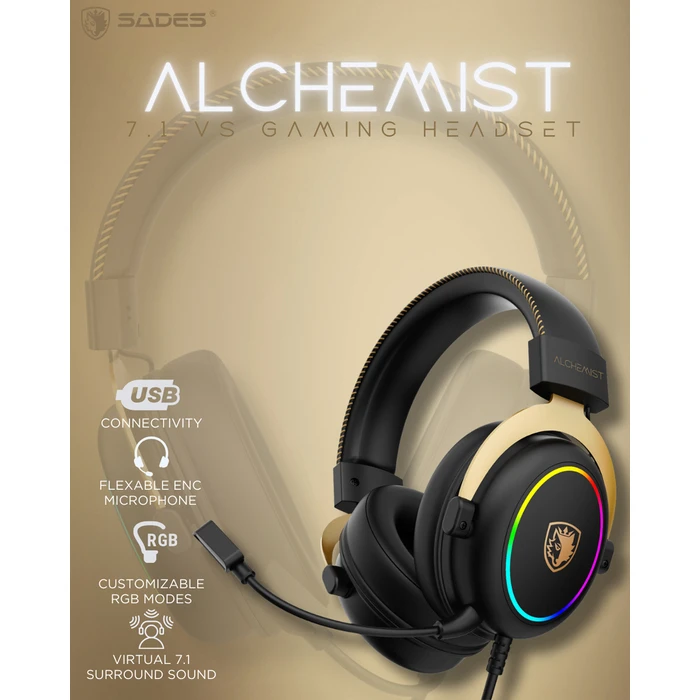 SADES Gaming Headset Alchemist USB 50mm V7.1 Surround ENC RGB Μαύρο