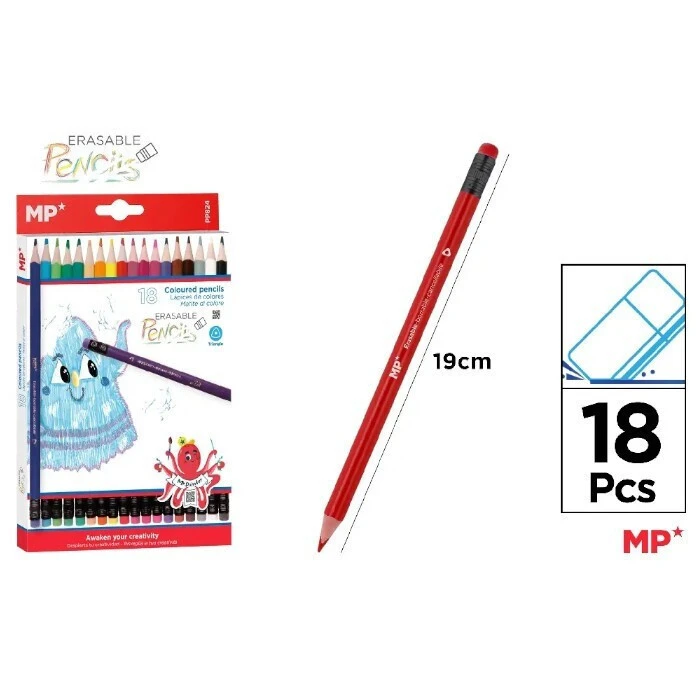 MP Χρωματιστές Ξυλομπογιές PP824 με Γόμα Τρίγωνες 18τμχ