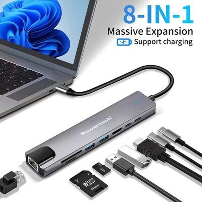 POWERTECH docking station PT-1537 8 θυρών USB-C σύνδεση 100W PD 1000Mbps γκρι