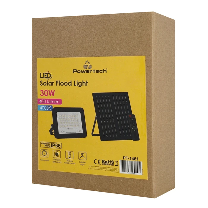 POWERTECH LED ηλιακός προβολέας PT 1461 με τηλεχειριστήριο 30W 4000K 400lm IP66