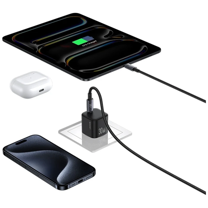 USAMS φορτιστής τοίχου CC262 30W GaN με καλώδιο Lightning λευκός