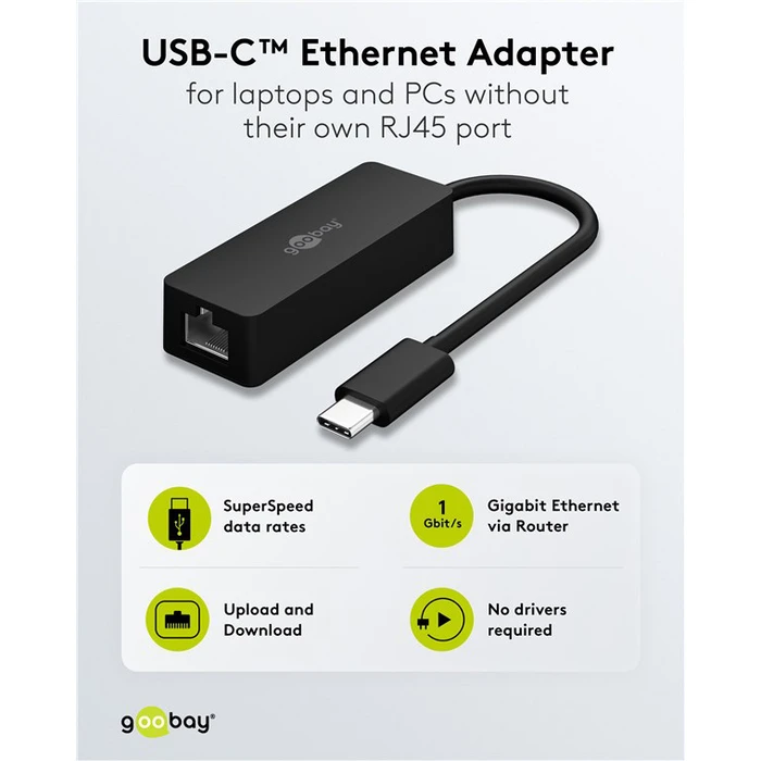 GOOBAY Network Adapter USB-C 1000Mbps Ethernet Black