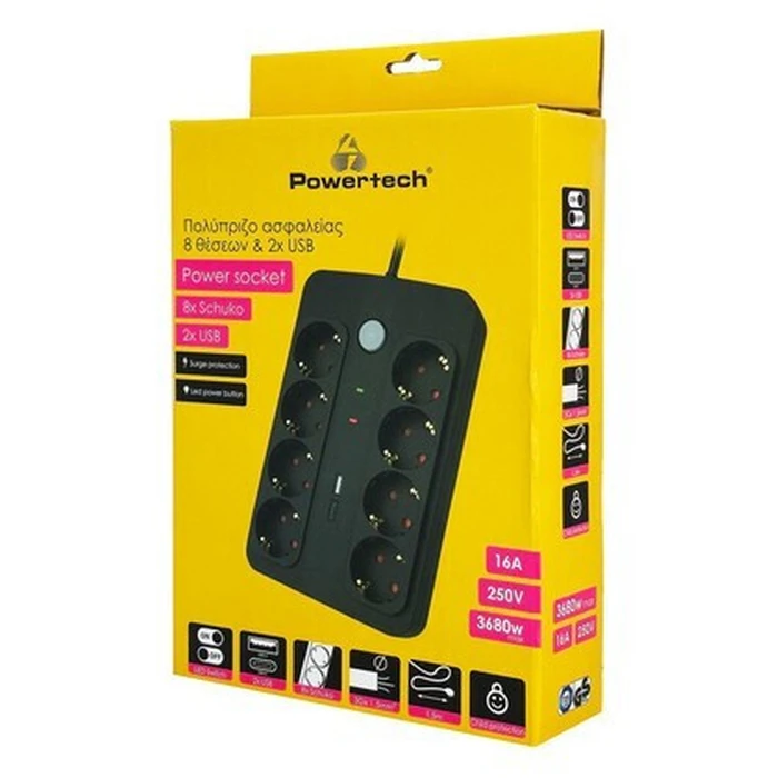 POWERTECH Surge Protected Power Strip PT-1535 8 Way with USB and USB C Ports 16A 1.5m Black